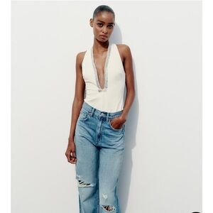 NWT: Zara size small white FITTED BODYSUIT WITH RHINESTONES